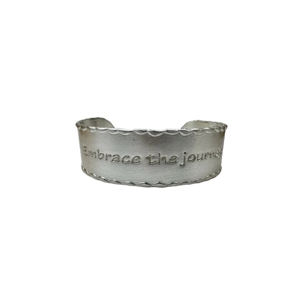 Rustic Cuff Bracelet Engraved Embrace The Journey Silver Tone Brushed Finish